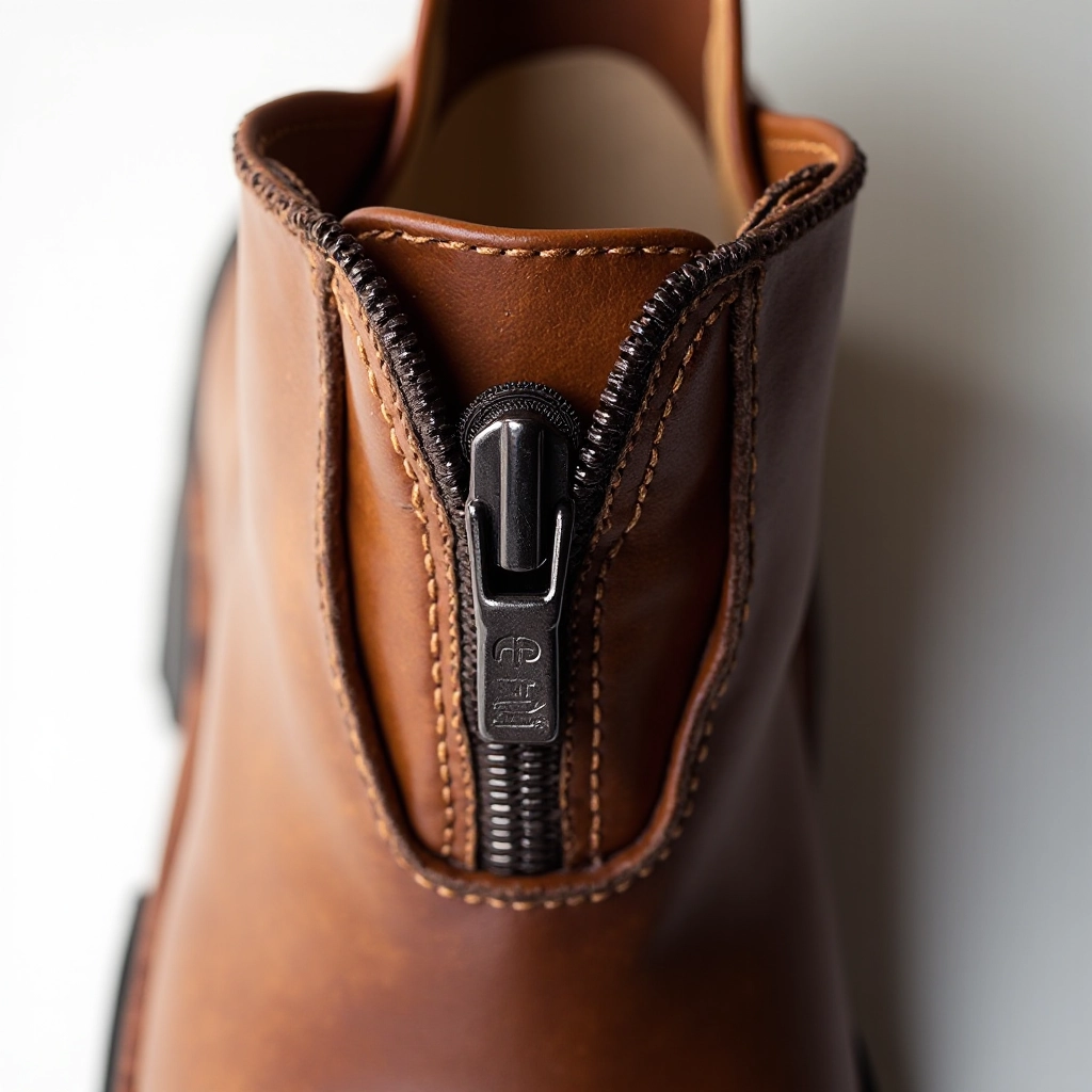 Close-up detail of Haarlem boot showing water-resistant zipper, gusseted tongue, and textured leather upper