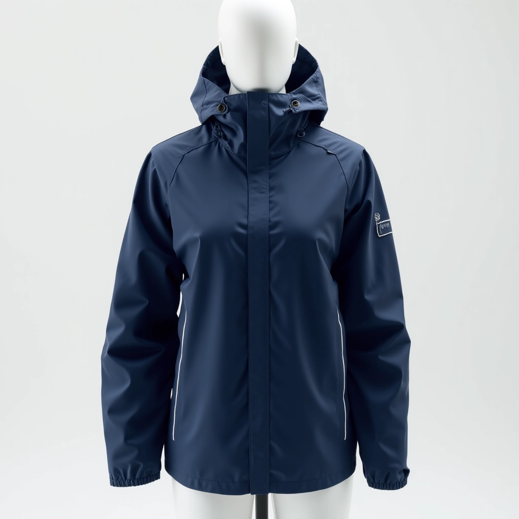 Navy blue technical rain jacket displayed on white mannequin showing front view with sealed seams, reflective piping, and adjustable hood