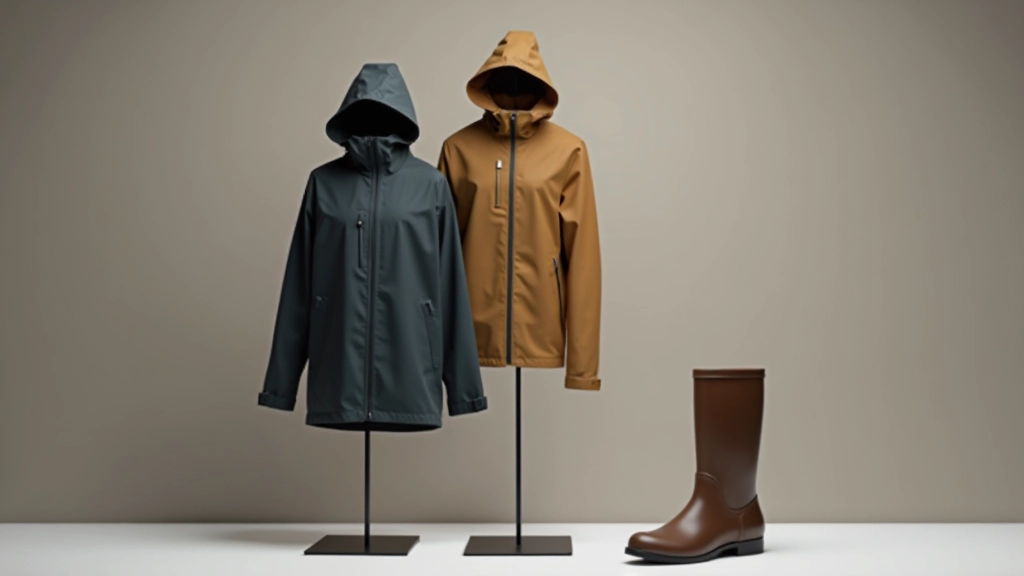 Premium rain jacket and waterproof boots on display