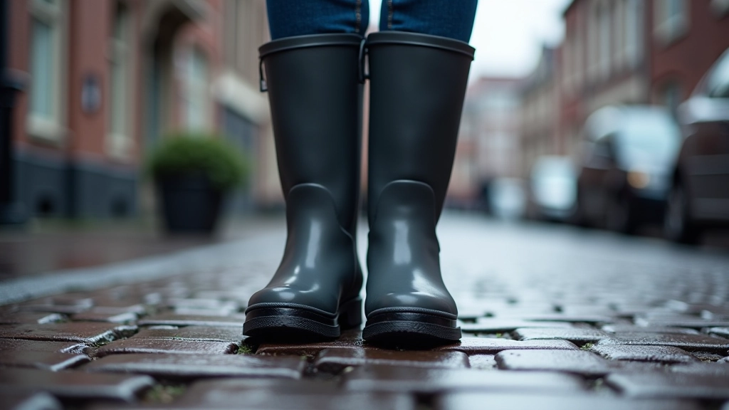 Charcoal commuter boots being tested on wet pavement