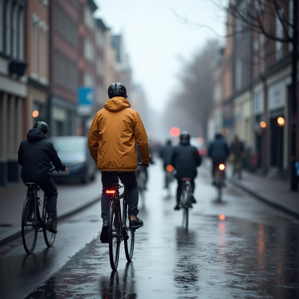 Rainy urban street scene with multiple cyclists in different weather gear navigating wet conditions, showing typical Dutch commute environment