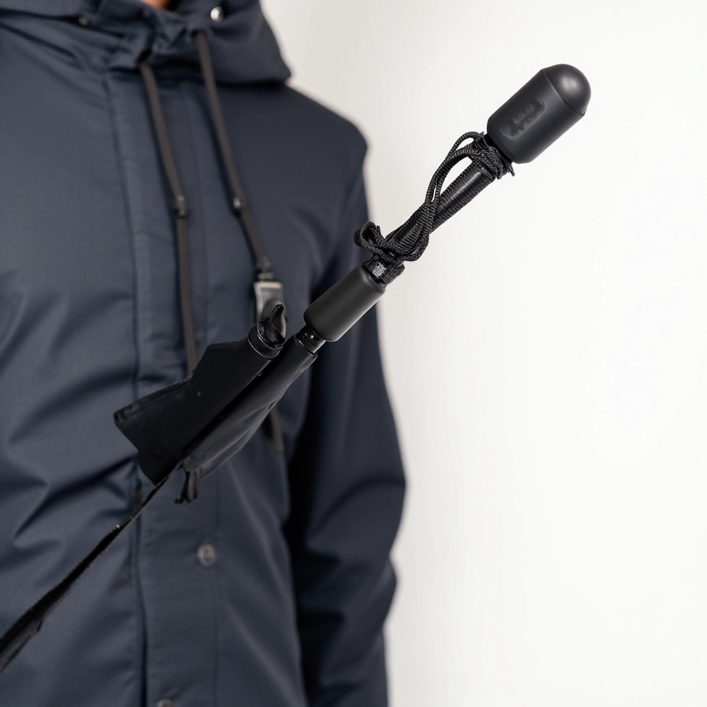 Umbrella handle detail showing rubberized grip and push-button mechanism with wrist strap attachment